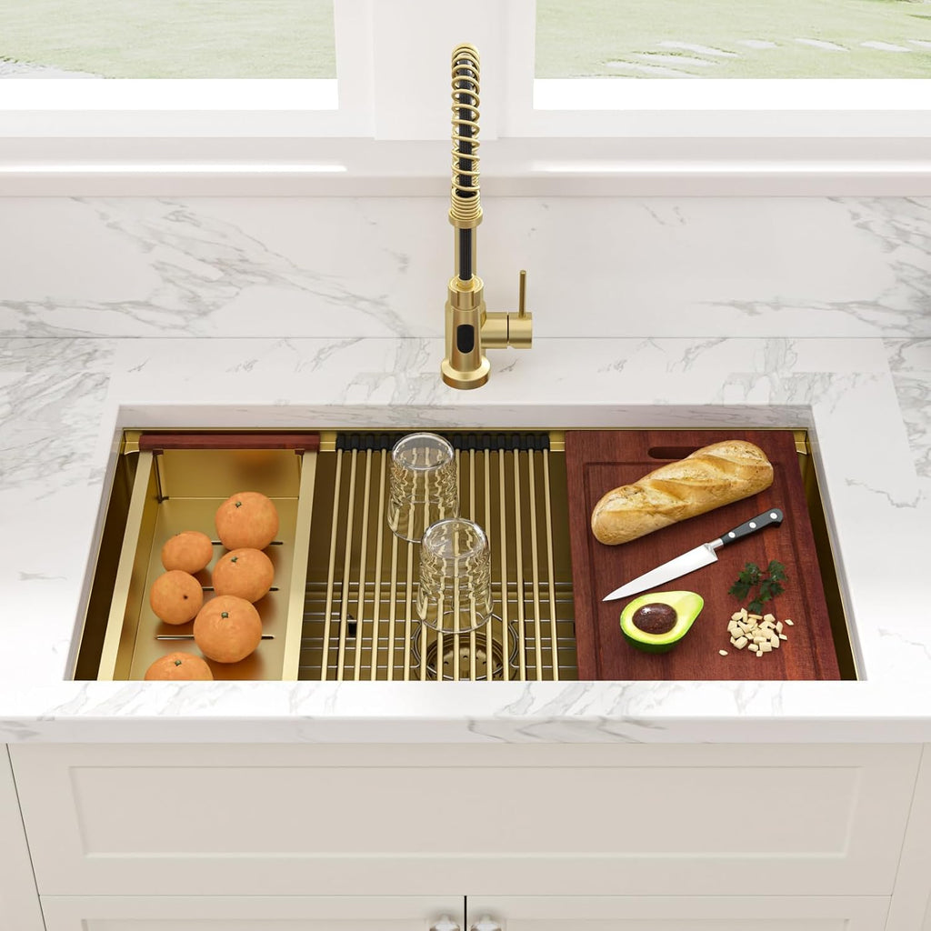 32 Gold Undermount Kitchen Sink 32" x19" Gold Sinks Workstation | 10" Deep 16 Gauge Stainless Steel Single Bowl Round