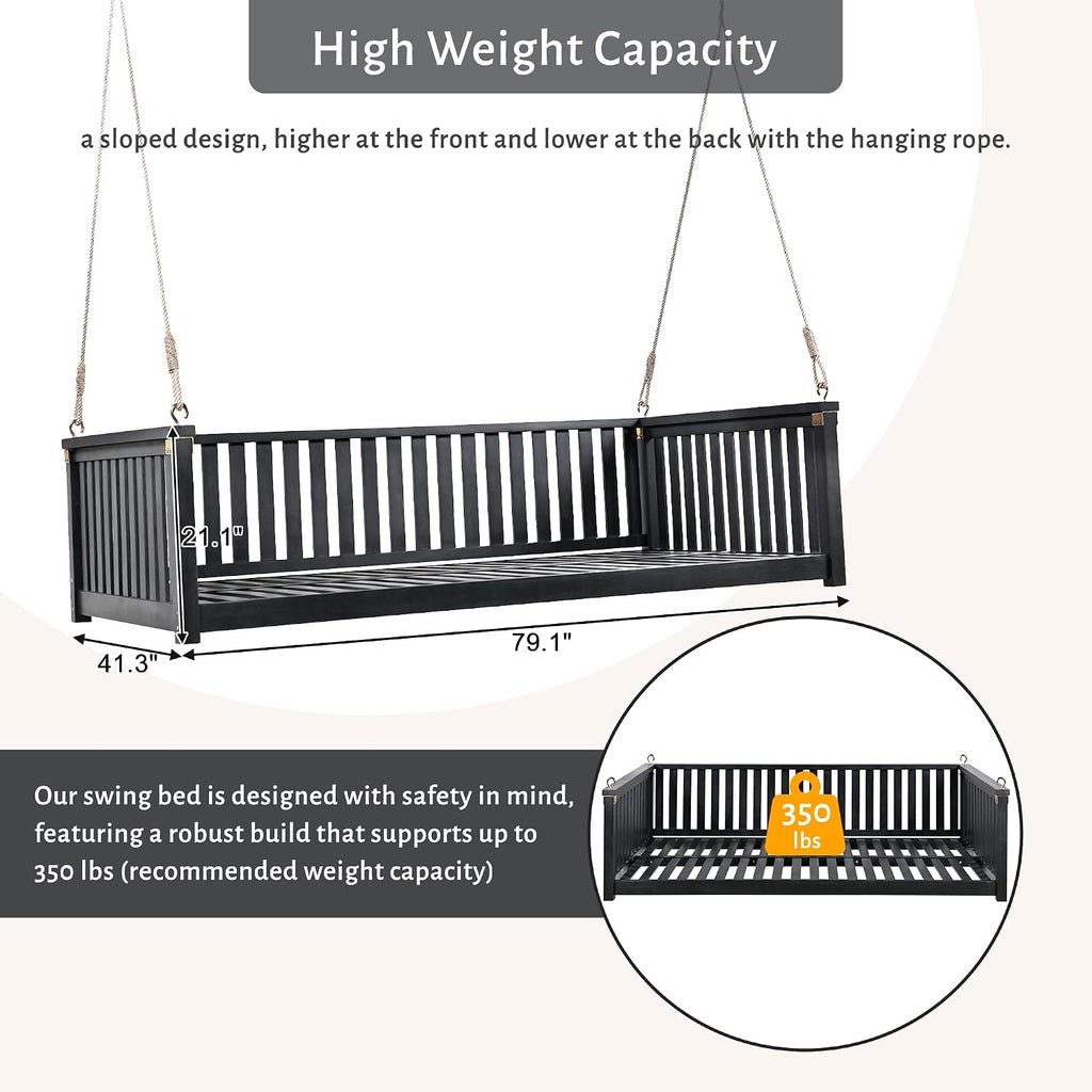 Outdoor Porch Swing Bed, Twin Size Acacia Wood Hanging Daybed with Hemp Ropes, Minimalist Patio Swing Bed for Garden