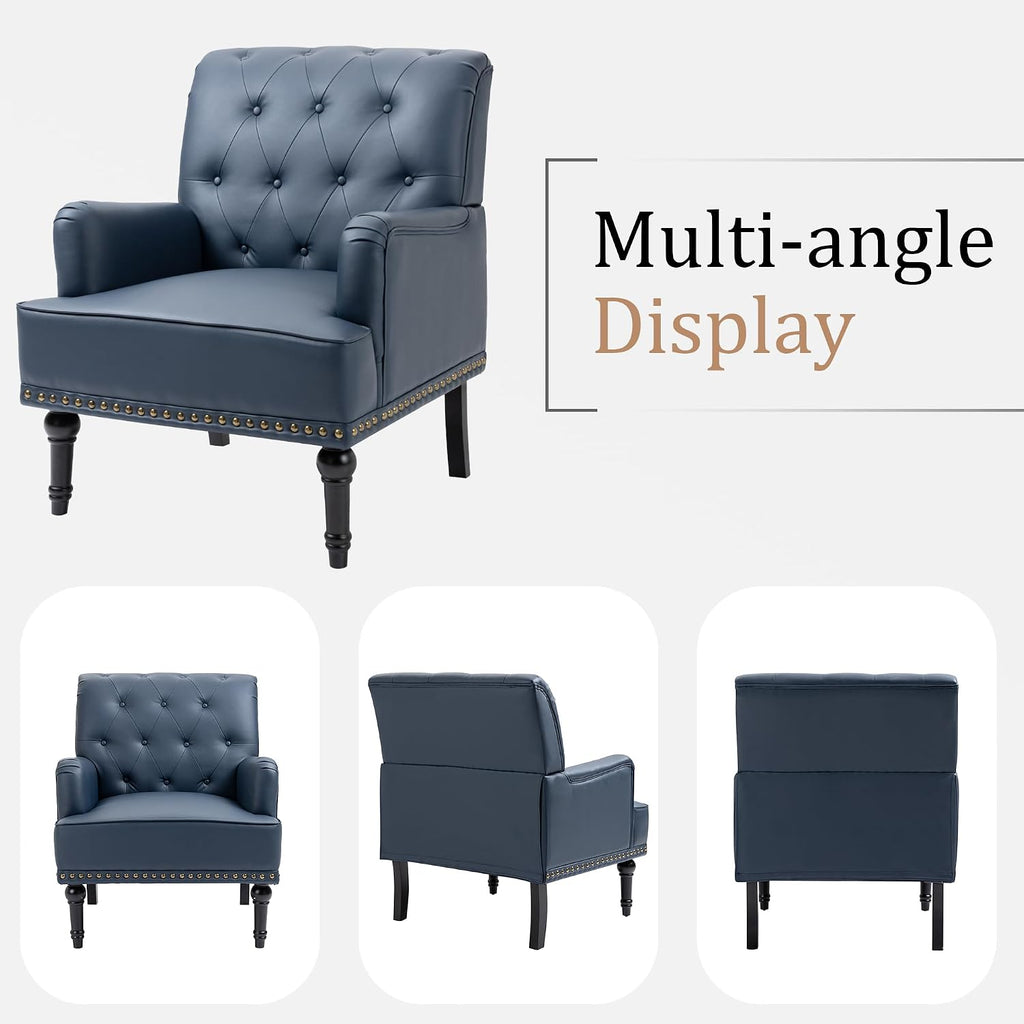 PU Leather Accent Chair, Mid-Century Armchair Living Room Sofa Chair with Rubber Wood Leg, Club Chair with Rivet Trim