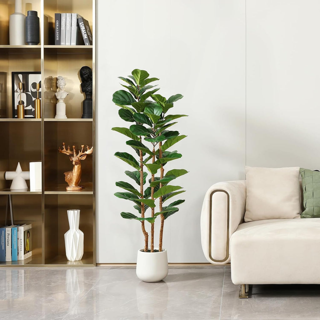 Artificial Fiddle Leaf Fig Tree with White Planter,5ft Tall Fake Tree with Natural Wood Trunk Decor, Faux Ficus Tree
