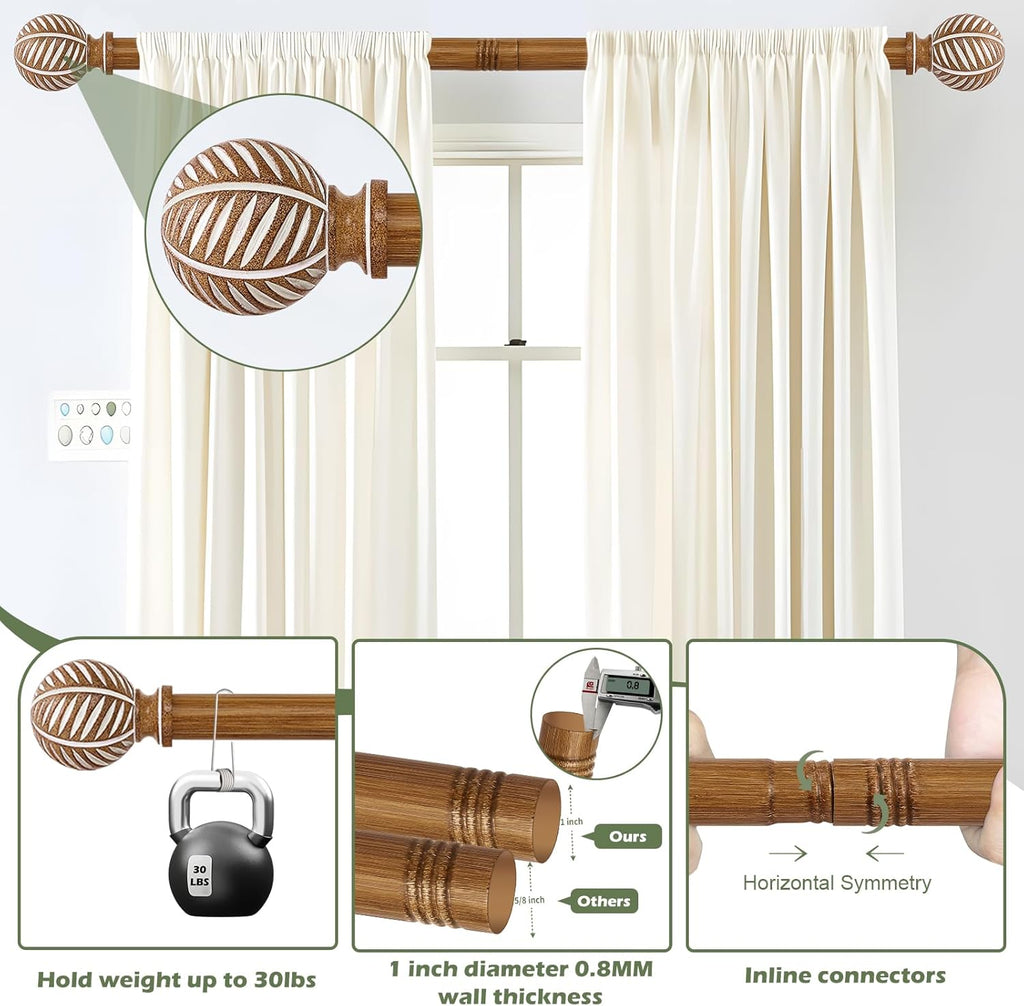 Wood Boho Curtain Rods for Windows:Wooden Farmhouse Decorative Curtain Rod for Bedroom Living Room,Heavy Duty