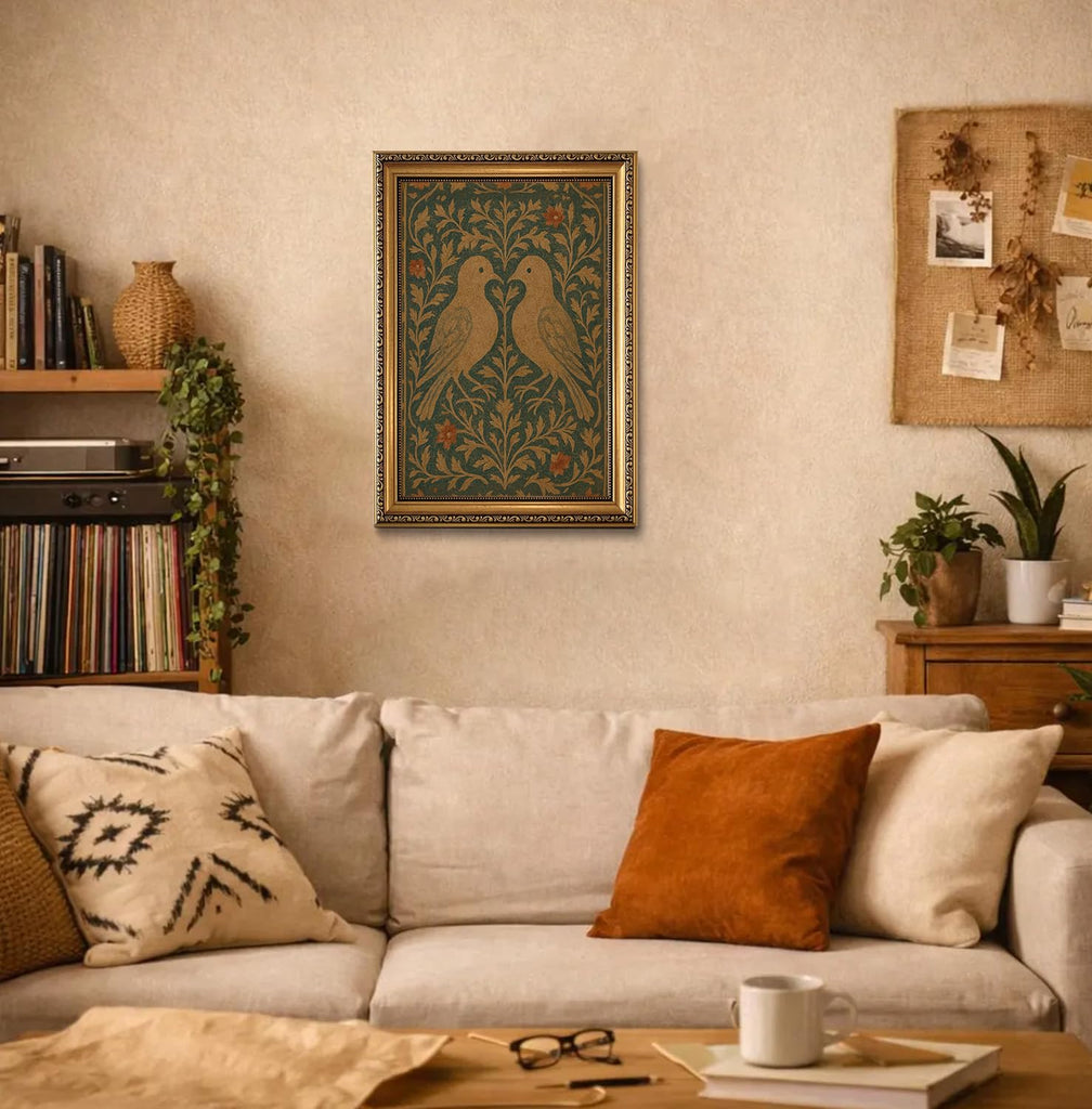 Vintage Lovebirds Gold Framed Canvas Wall Art 16x24