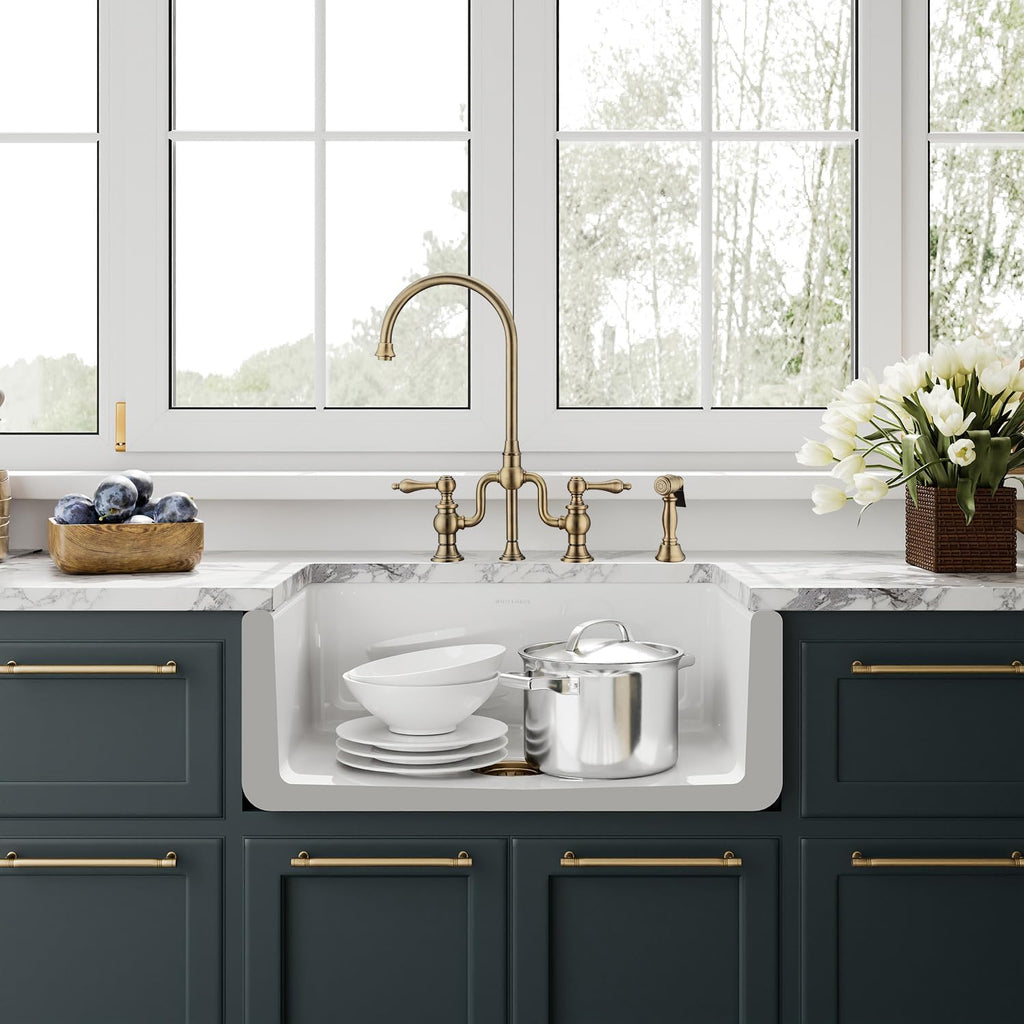 Kitchen Sink, 27" Reversible Single Bowl Fireclay Sink with Three Edge Frame, Plain Front Apron, Gloss White Finish