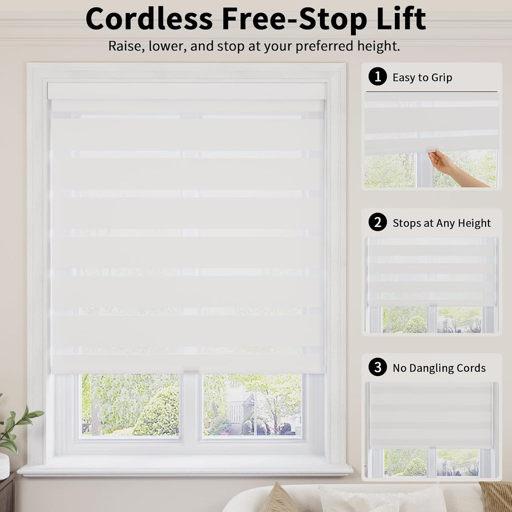 Cordless Zebra Blinds for Windows with Free-Stop(White,24" W x 72" H) Dual Layer Shades for Day & Night Privacy and