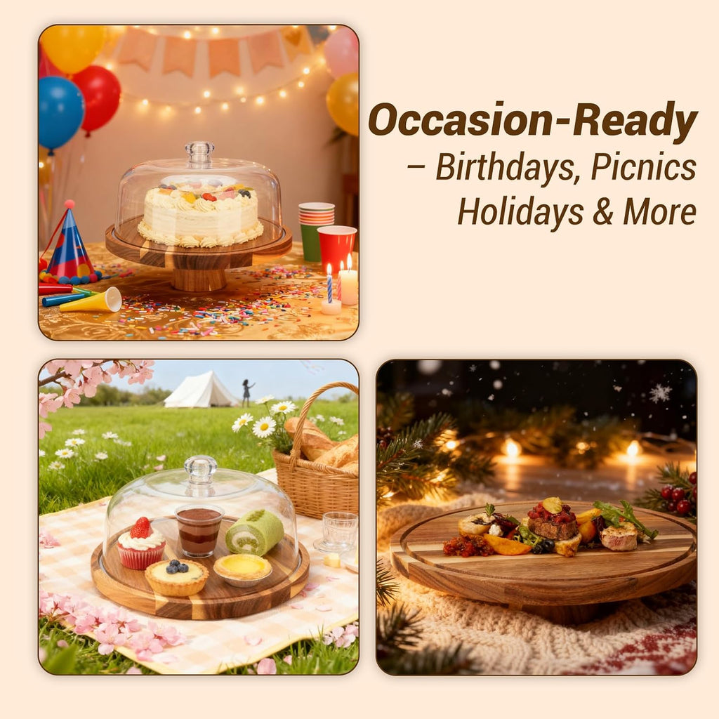 Acacia Wood Cake Stand with Lid | 12 Inch Wooden Cake Stand with Acrylic Dome & 2-in-1 Design | Multi-Purpose Dessert