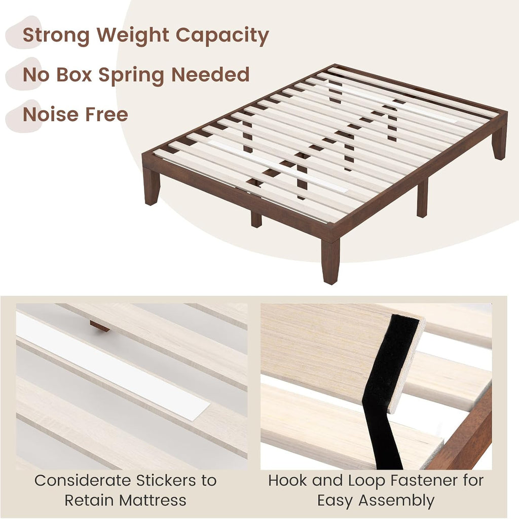 14 Inch Queen Wood Platform Bed Frame, Minimalist Style Mattress Foundation with Solid Rubber Wood, Heavy Duty Slat