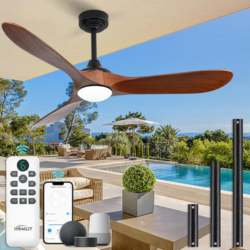 Inspired Maverick Style 52" Outdoor Ceiling Fan with Light and Remote via WiFi Alexa, 3 Walnut Solid Wood Blade