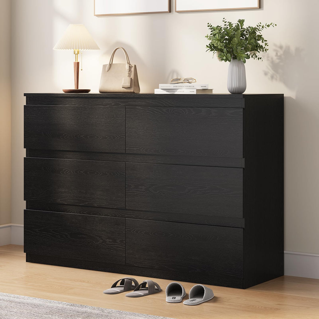 Black Wood Dresser 6 Drawer, 47" Wide Clothes Chest