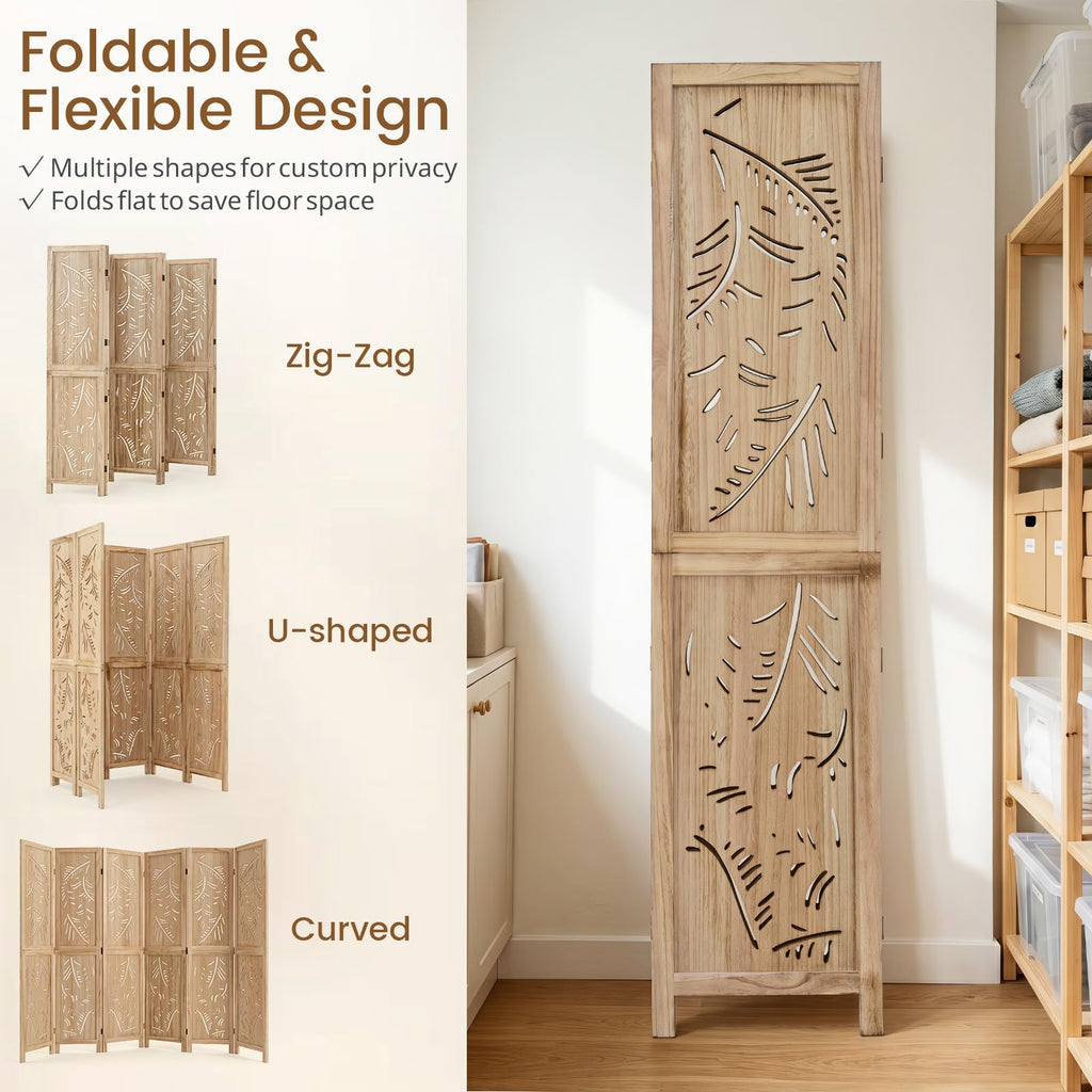 6 Panel Boho Room Divider with Carved Palm Leaf Pattern, Natural