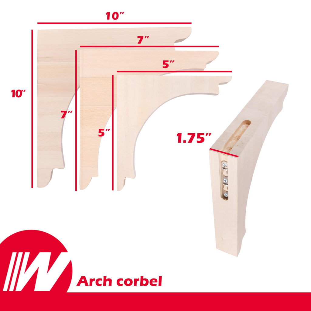 Arch Corbel (2 Count, Medium) | 7" x 7" x 13⁄4" Unfinished Hardwood Bracket w/Pre-Installed Keyhole Plate