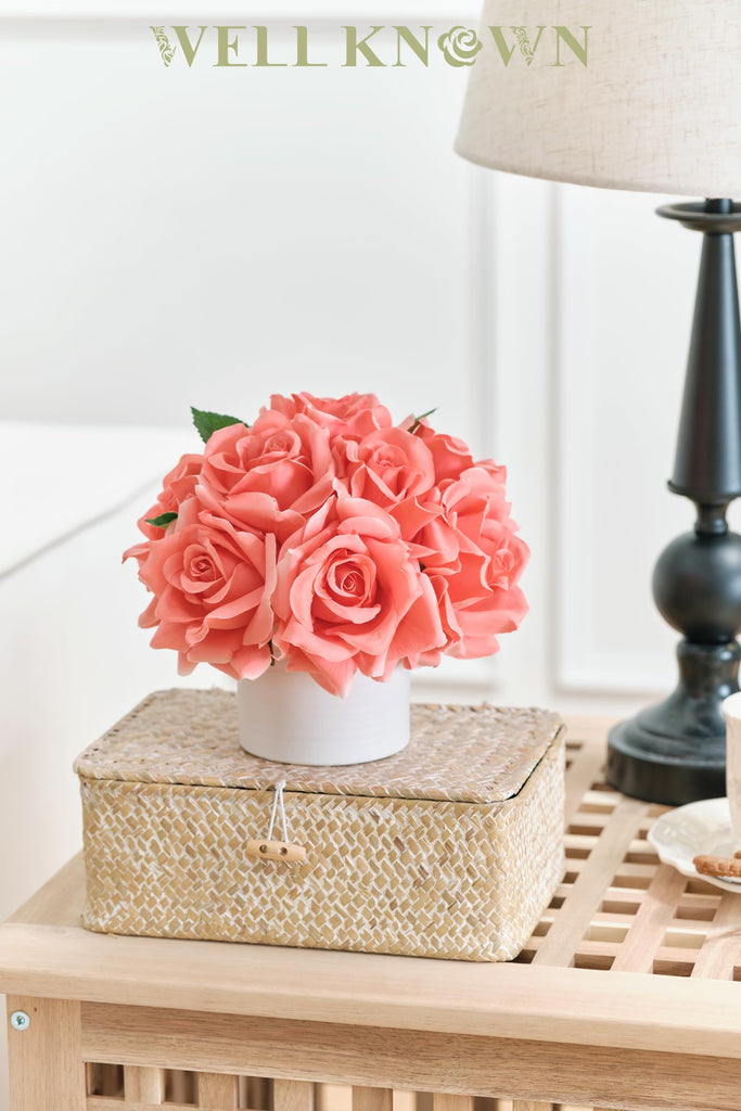 Artificial Rose Bouquet in Ceramic Vase, Silk Flower Arrangement in Pot, Real Touch Fake Flowers with White Vase for