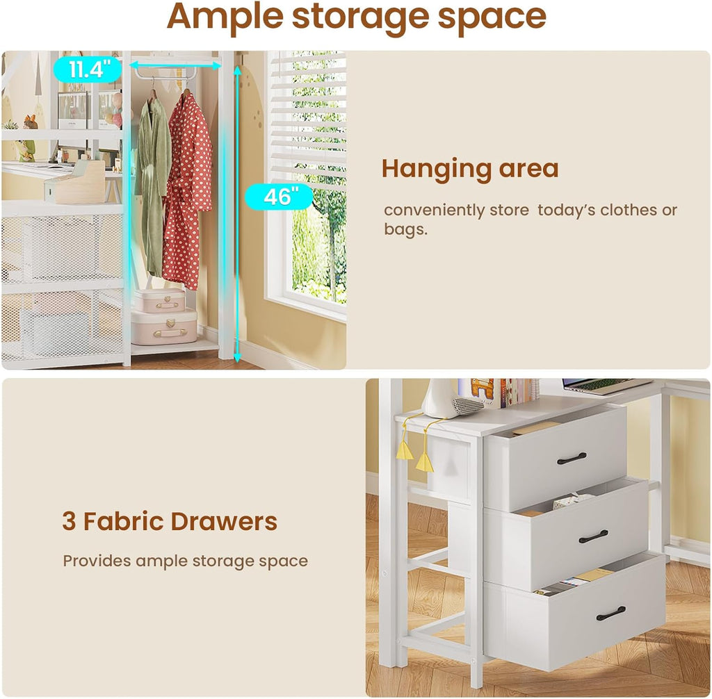 Stairway Twin Loft Bed with L Shaped Desk and Wardrobe, Metal Loft Bed Frame with Stairs, 3 Fabric Drawers