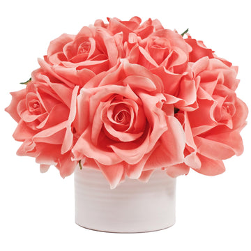 Artificial Rose Bouquet in Ceramic Vase, Silk Flower Arrangement in Pot, Real Touch Fake Flowers with White Vase for