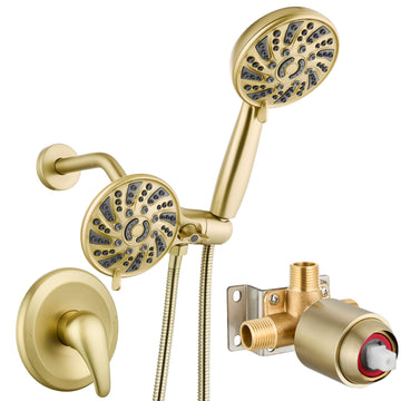Dual Shower Head Kit with Valve 6 Mode Handheld Brushed Gold