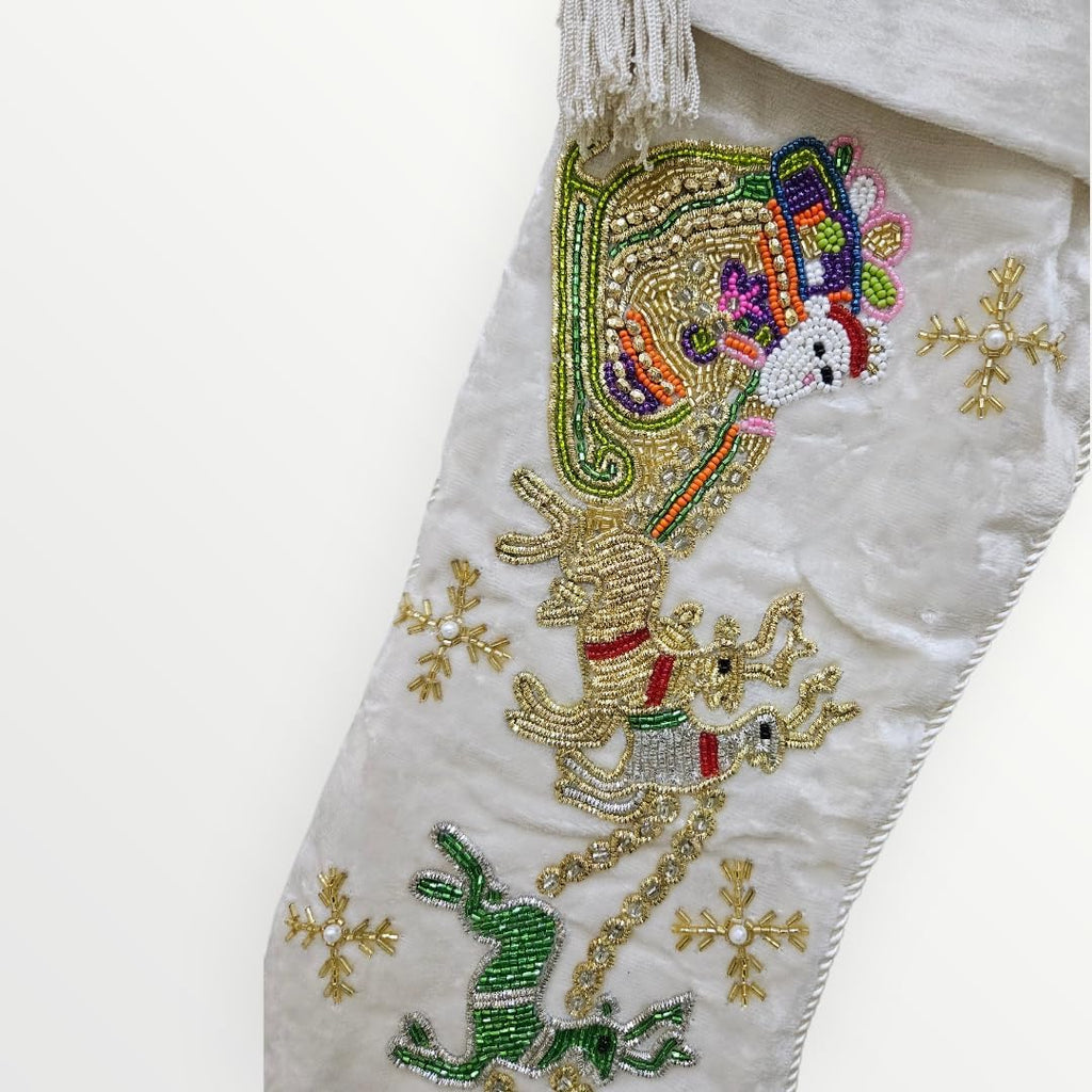 Handmade Velvet Christmas Stocking 21"x7" Beaded Santa & Reindeer Design Luxury Embroidered Holiday Stocking with
