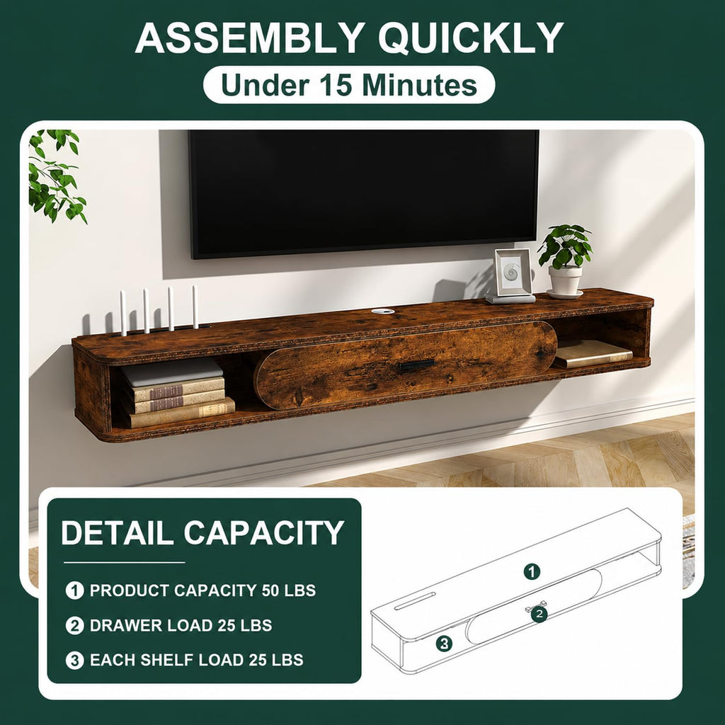 Floating TV Stand, 65'' Wall Mounted TV Cabinet, Floating Shelves with Door, Media Console for DVD Player