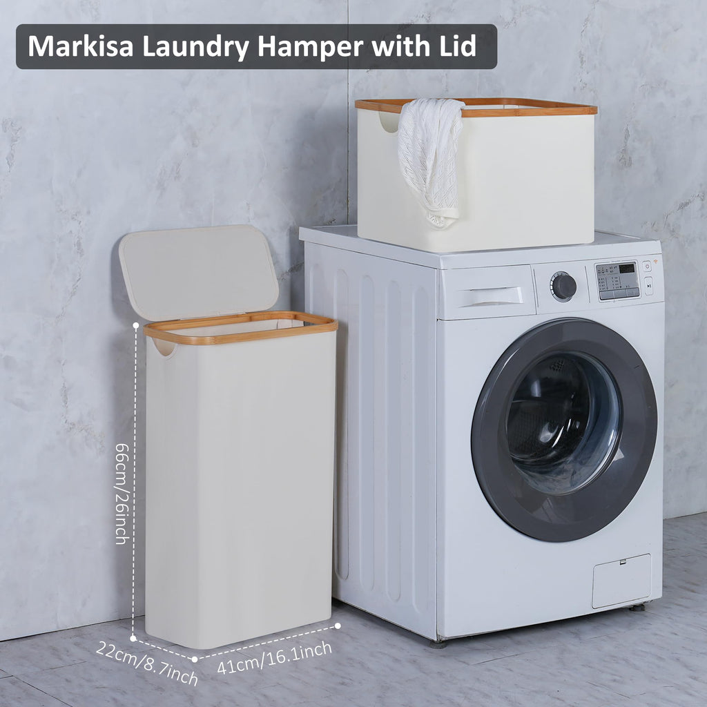 Slim Laundry Hamper,Narrow laundry Hamper with Lid,60L Hamper for Laundry,Dirty Cloth Hamper with Bamboo Handle for