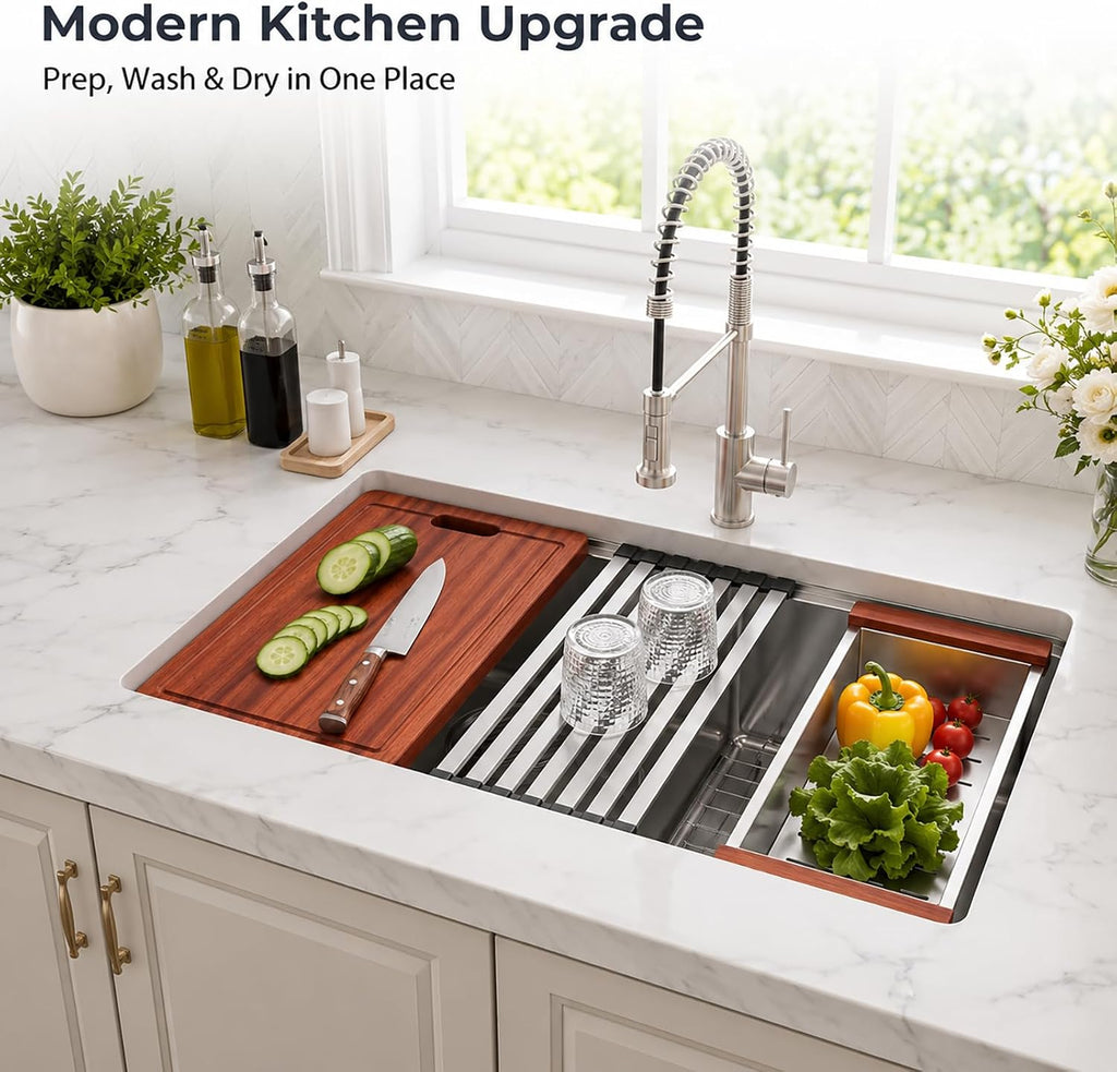 Double Undermount Kitchen Sinks 32 Inch, 16 Guage T304 Stainless Steel Sink | 32" x 18" x 10" Deep Large Workstation
