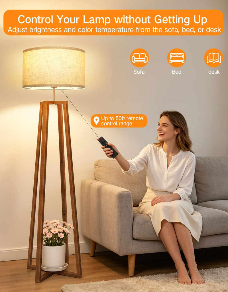 62" Mid Century Modern Vintage Lamps with Remote Control, Dimmable Wood Floor Lamp, 4 Color Temperature, LED Modern