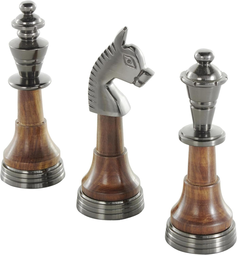 Aluminum Metal Chess Decorative Sculpture King, Queen, and Knight Home Decor Statues with Mango Wood Center - Set of 3