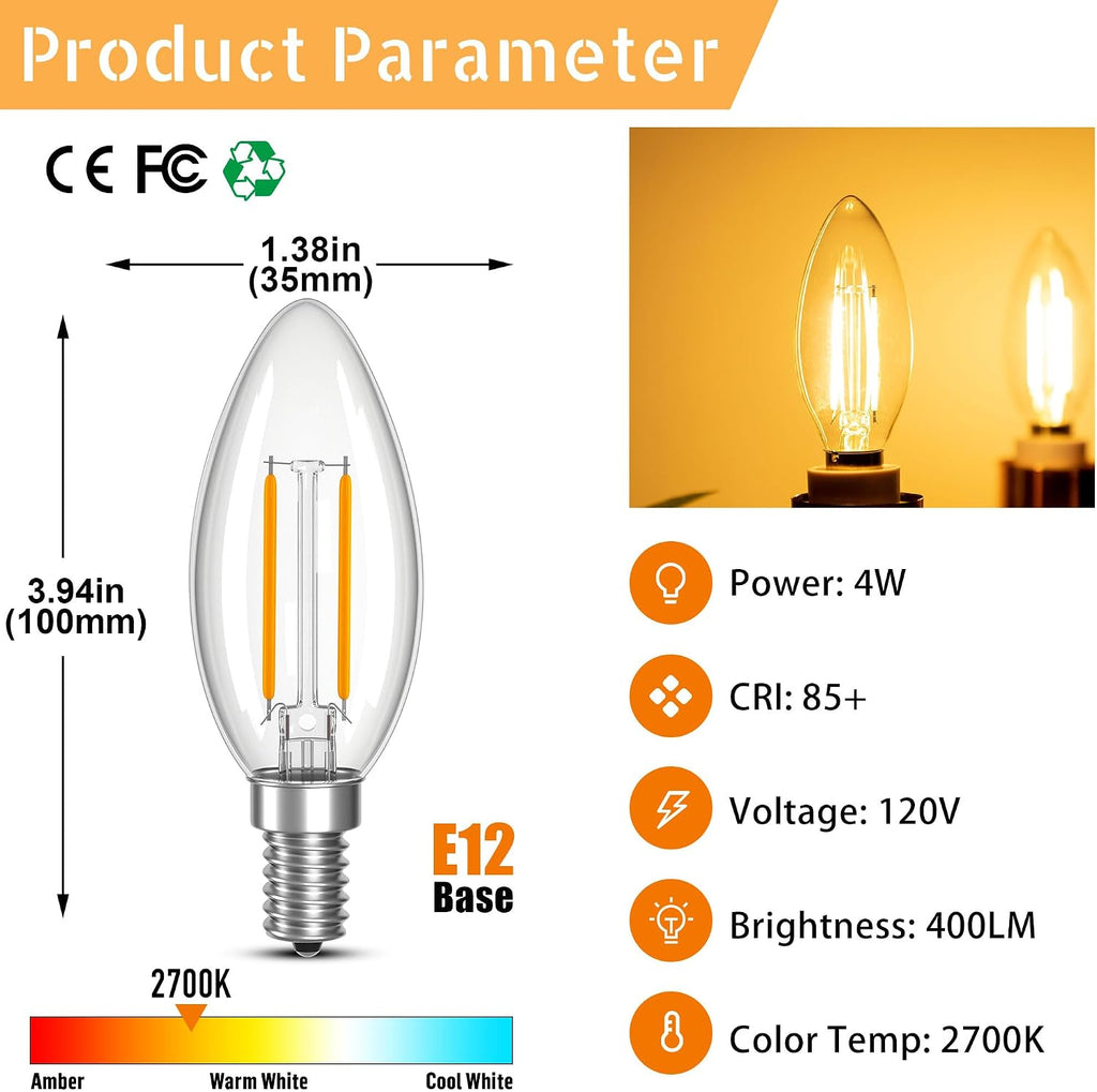 Non-Dimmable C35 B10 E12 LED Type B Light Bulb 4W,2700K 400LM