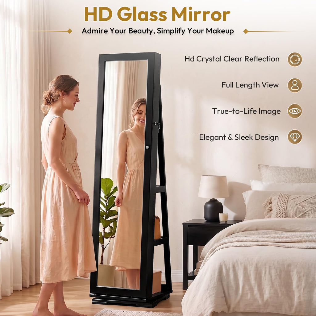 360° Rotating Jewelry Armoire with Full-Length Mirror and Interior Makeup Mirror, Lockable Standing Jewelry Cabinet
