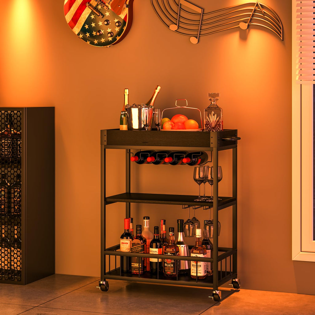 Bar Cart Serving Wine 3 Tier Home Rolling Rack with Wheels Mobile Kitchen Industrial Vintage Style Wood Metal Serving