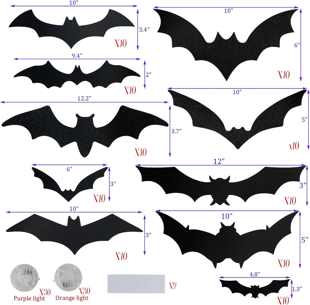 Halloween Bats Stickers with 60 Purple and Orange Lights, Lighted 3D Bat Wall Stickers, Halloween Decorations - Set of 100
