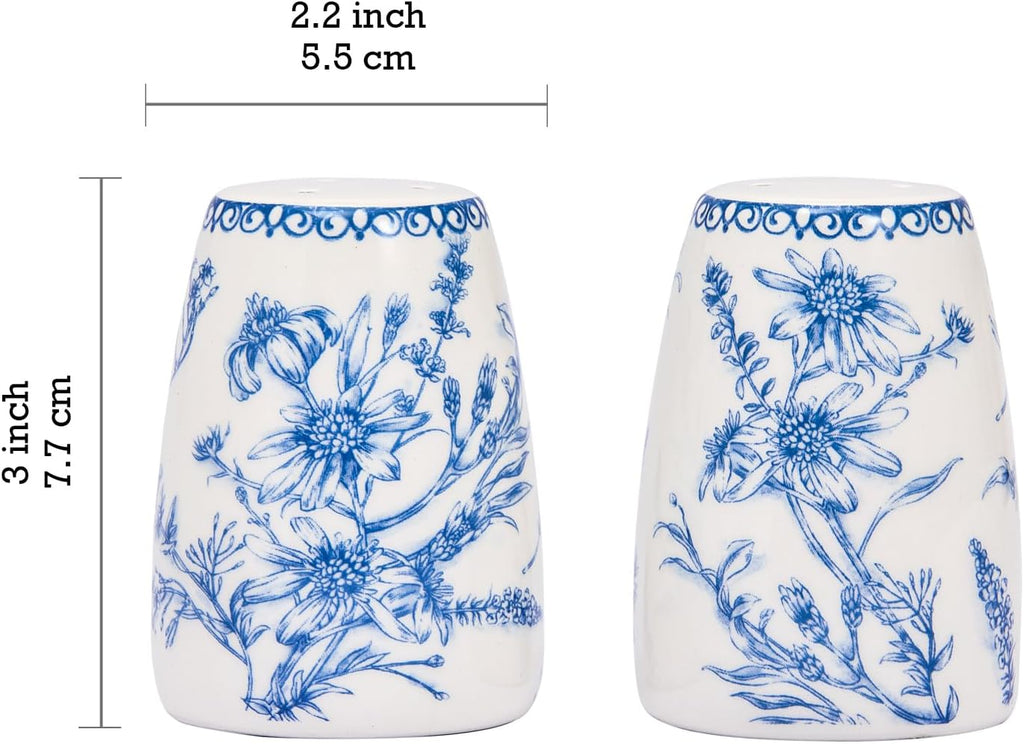 Blue Garden Toile De Jouy Ceramic Salt & Pepper Shaker Set or Decor, Dishwasher Safe - Set of 2