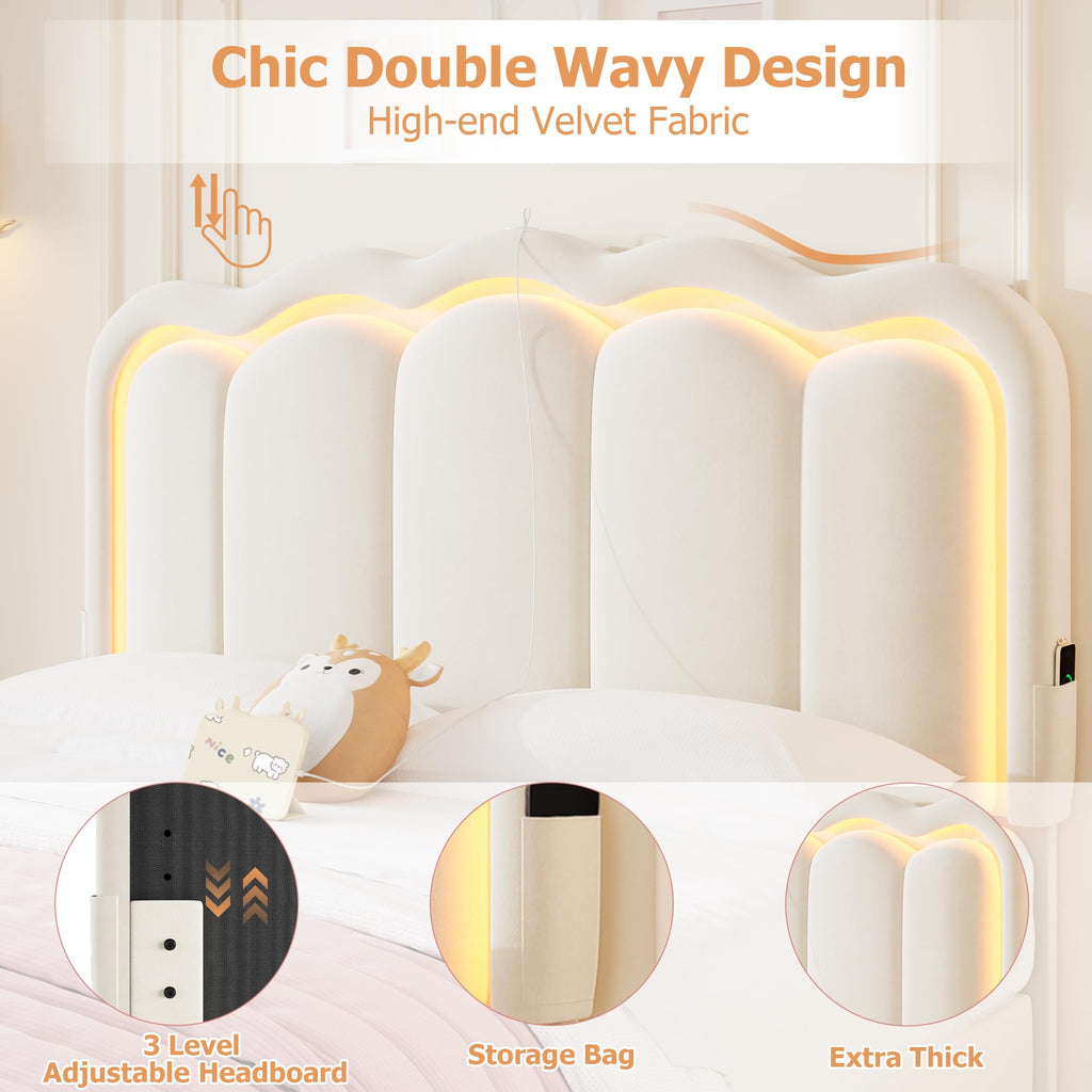 Full Upholstered LED Bed Frame with 2 Storage Drawers and Adjustable Chic Double Wavy Headboard, Velvet Princess