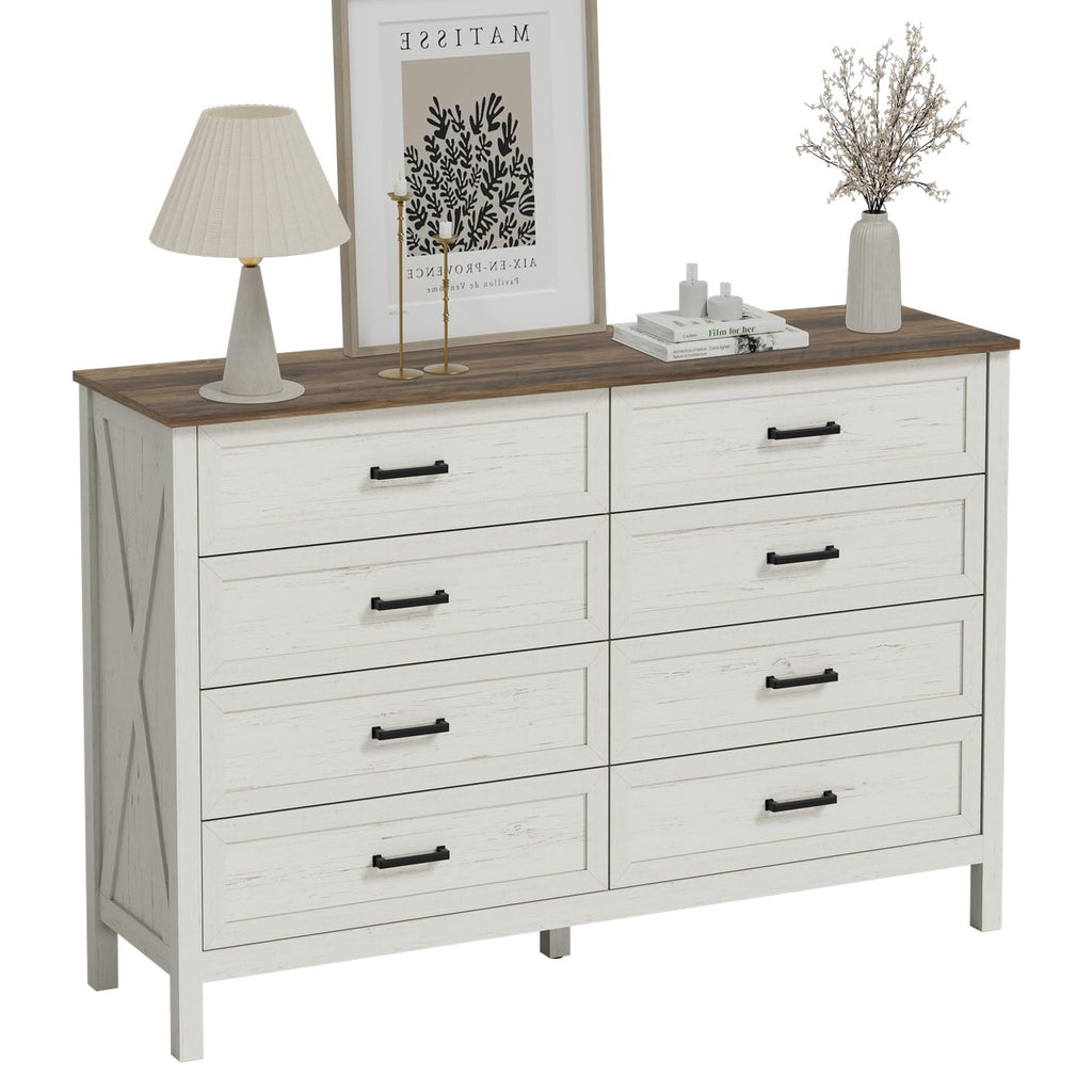 Farmhouse 8 Drawer, 55 Inch Wide Wood Rustic Chest of Drawers with X-Marking & Bar Handle, Large Storage Dressers