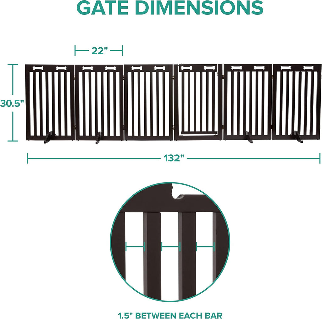 Freestanding Dog Gate with Door, 6 Panel 360° configurable Wooden Fence, 120" Wide, 31.5" Tall, Foldable, Four