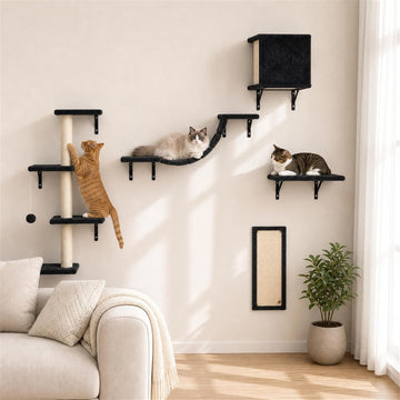 Modern Wall-Mounted Cat Furniture - 5pcs Cat Wall Shelves, Wooden Climber Includes House, Bridge, Tree, Steps