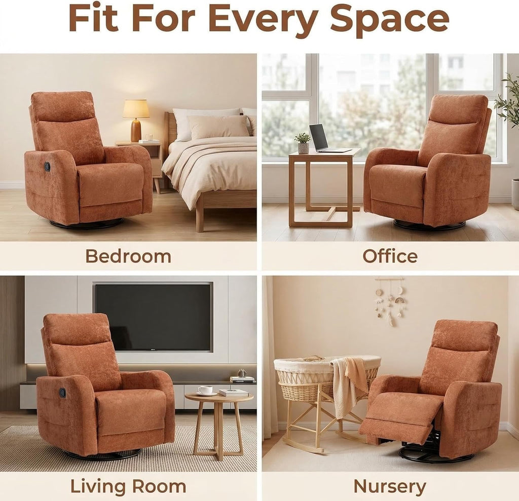 360° Swivel Glider Rocker Recliner Chair, Manual Reclining Fabric Lounge Chair with Side Pull Handle, Upholstered