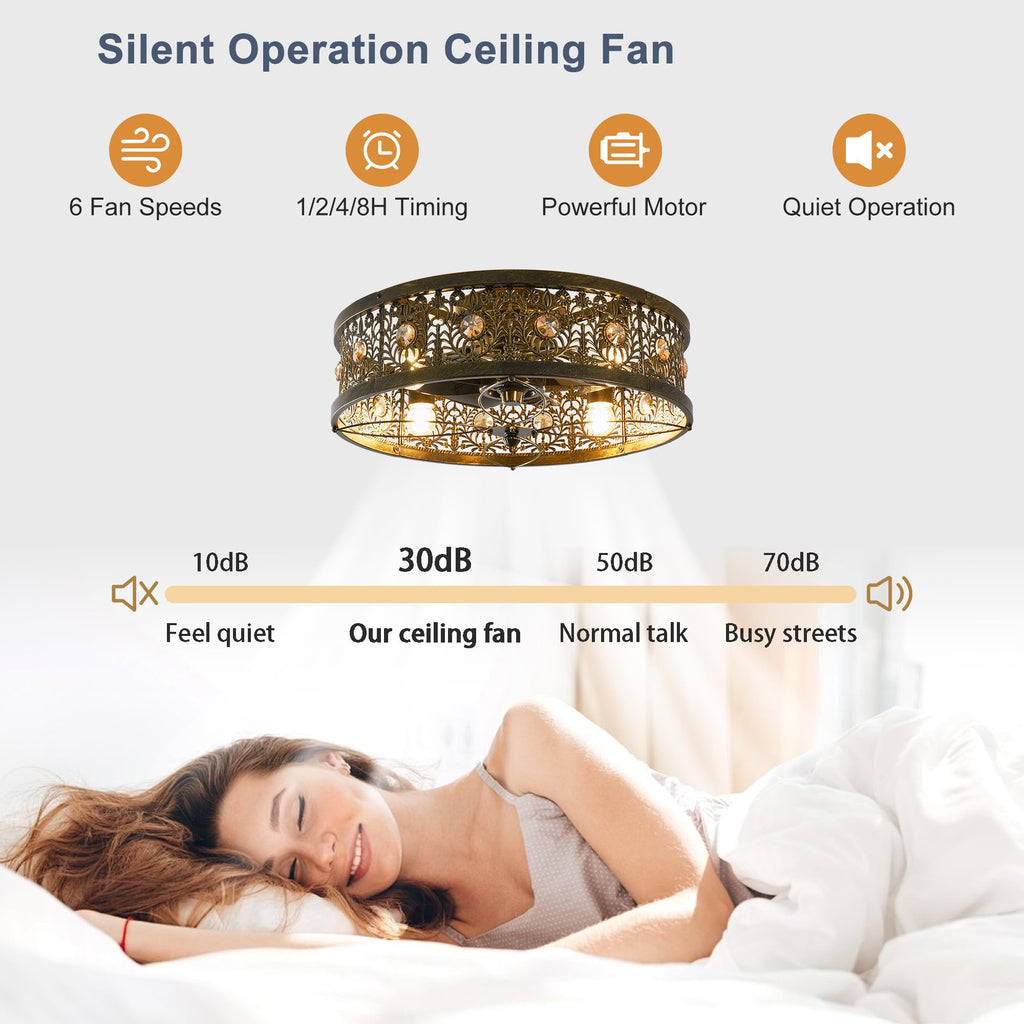 20" Caged Ceiling Fans with Lights, Low Profile Crystal Fandelier