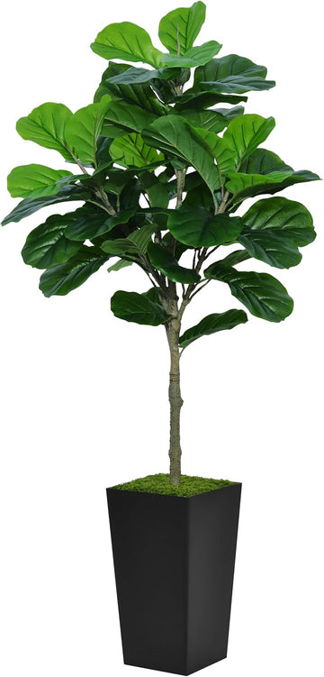 Fiddle Leaf Fig Tree Artificial 5FT - Faux Plant With Black Tall Planter - Fake Ficus Lyrata Floor Plant in Pot