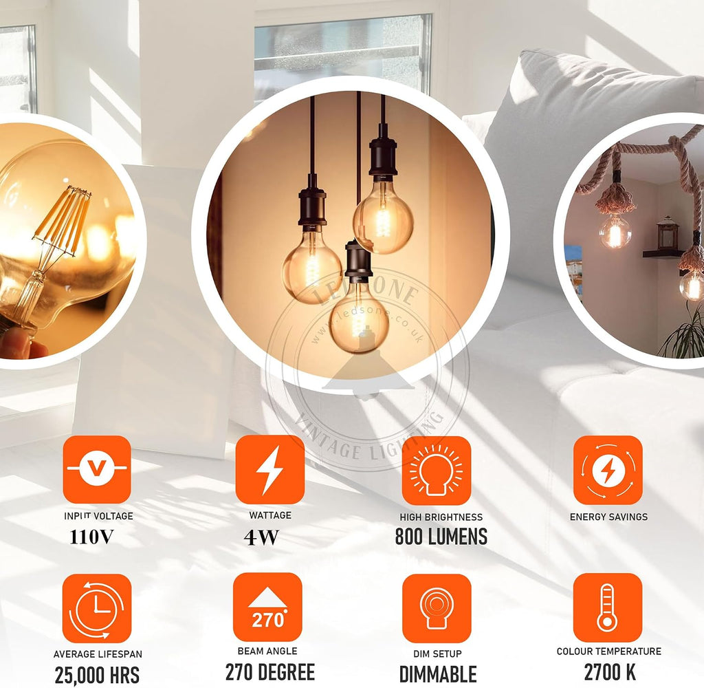 Dimmable G95 E26 LED Edison Style Light Bulbs 4W, G95 Edison Screw Decorative Filament Bulbs Amber Globe Glass Warm