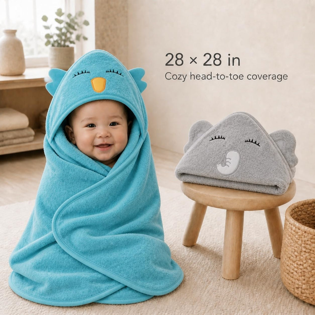 2 Pack Hooded Baby Towel Rayon Made from Bamboo and 8 Washcloths - Lovely Elephant, Happy Bird