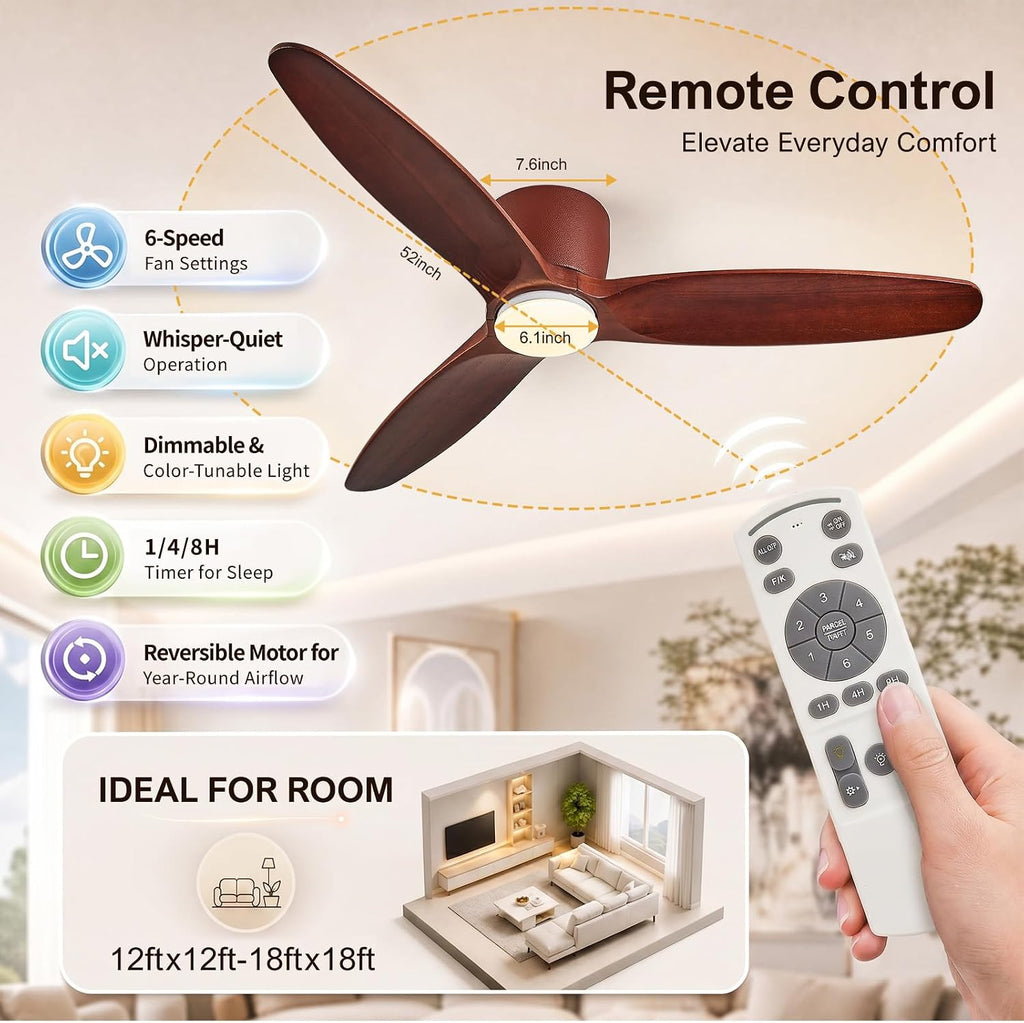 52 Inch Low Profile Ceiling Hugger Fan with LED Light & Remote - Flush Mount, Solid Wood Blades, 6-Speed Quiet DC Motor - Deep Walnut