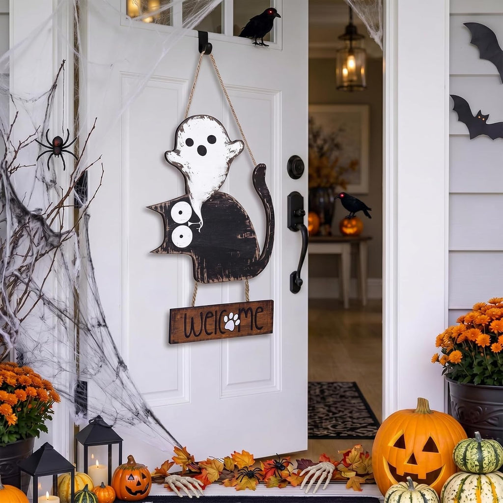 Halloween Door Decorations Cat Ghost Halloween Front Door Sign Hanger Wreath Rustic Wooden Welcome Hanging Sign Porch