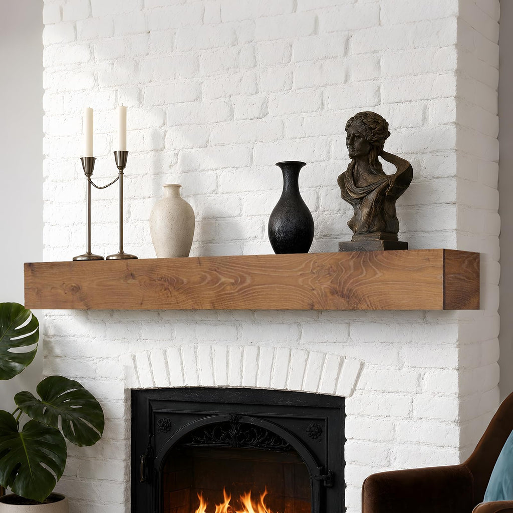 White Oak Fireplace Mantel, 60 Solid Wood Mantel Shelf, Wheat-Yellow