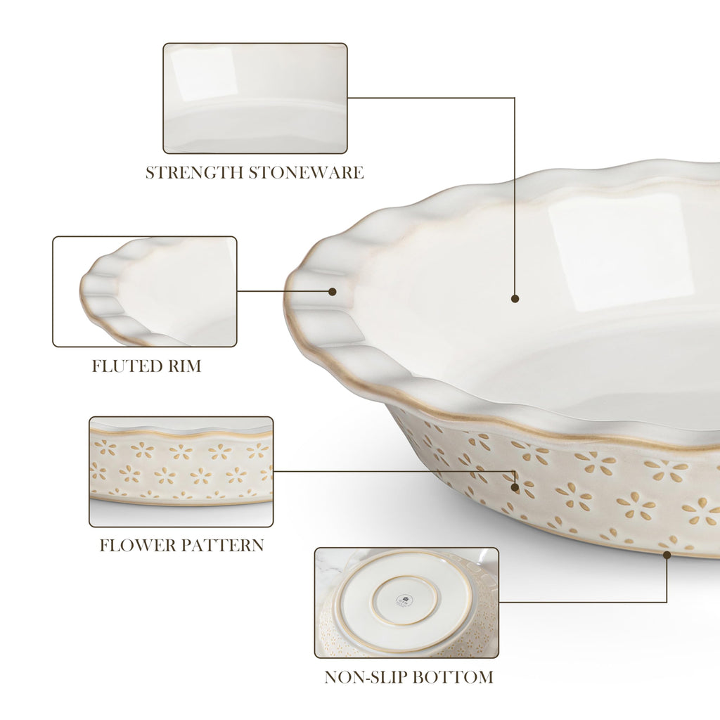 Ceramic Pie Pan, 9 Inch Pie Dish Embossed Quiche Baking Dish
