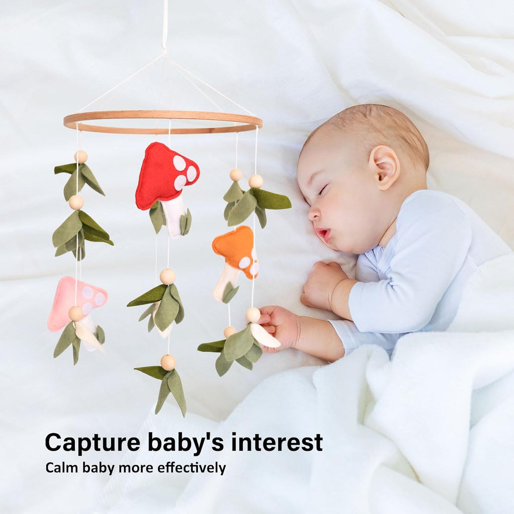 Mushroom Baby Mobile, Green Leaf Mobile for Crib, Crib Mobile for Boys Girls, Forest Nursery Mobile for Bassinet