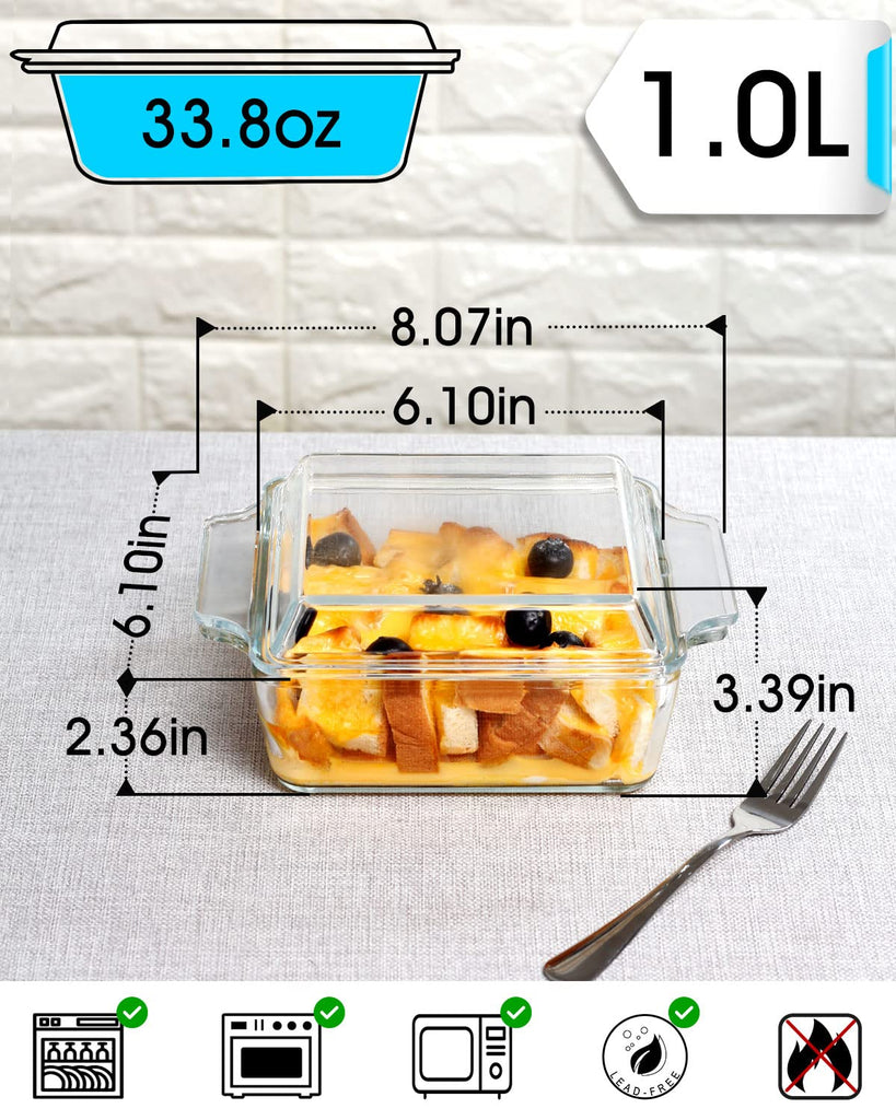 6x6 Inches Square Glass Casserole Dish With Glass Lid - Microwave Safe Bakeware for Cooking