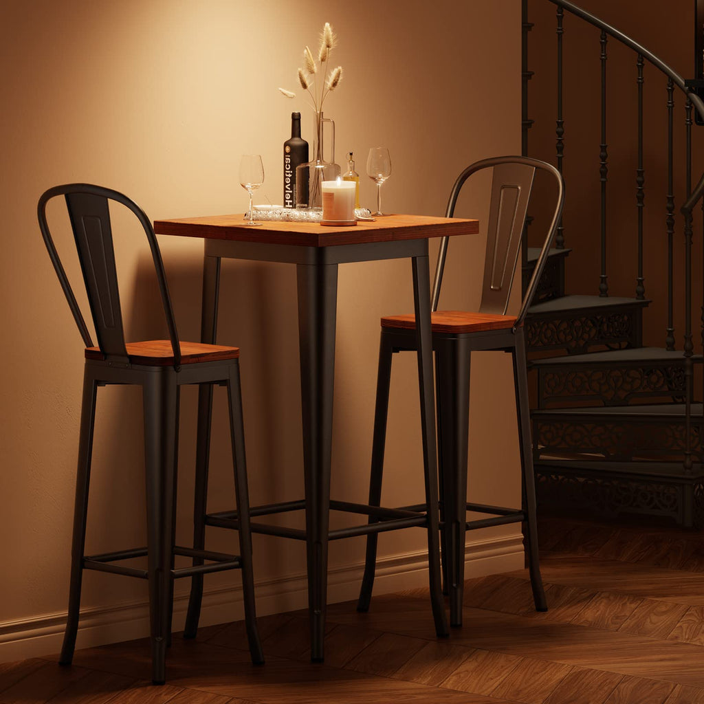 Bar Table and Chairs Set, Pub Table and Chairs Set of 2, with Elm Solid Wood and Thickened Metal Frame, for Bar