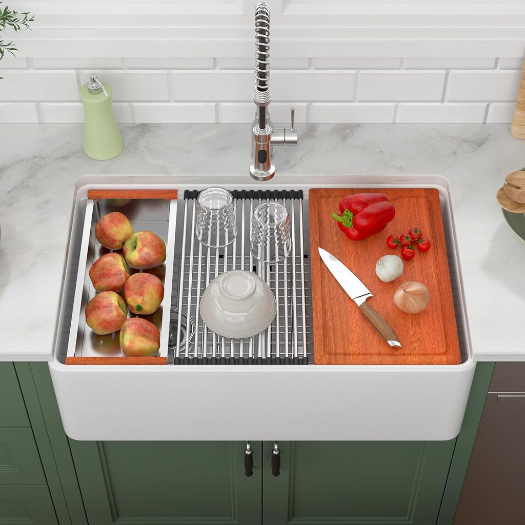 33x20 Inch White Farmhouse Sink Double Bowl 50/50 Workstation Farmhouse Kitchen Sink Apron Front White Ceramic