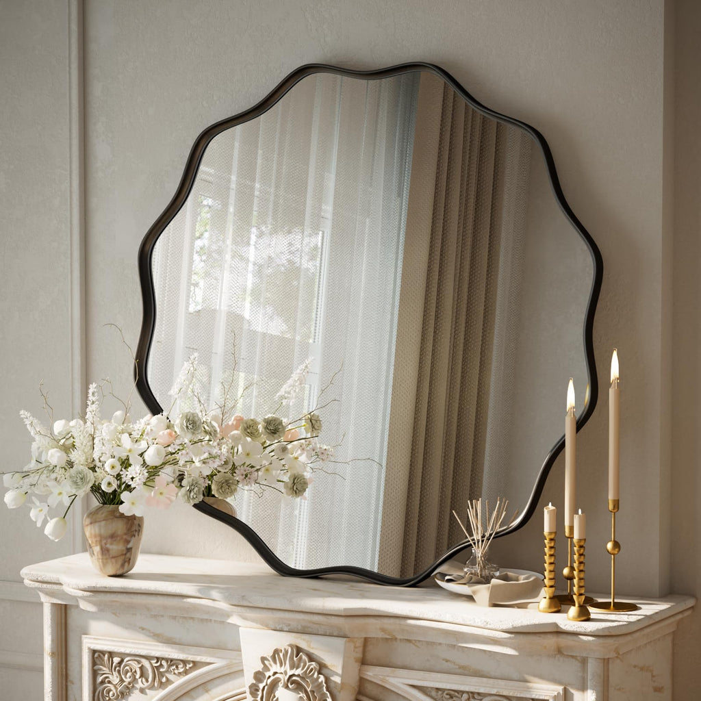 Black Scalloped Circle Mirror 30" Wavy Edge Round Wall Mirror