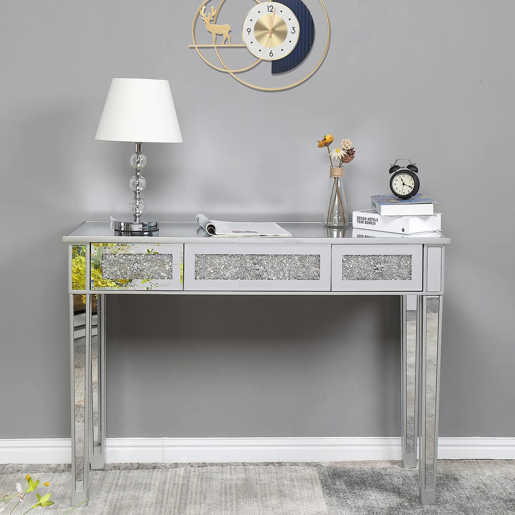 Silver Mirrored Vanity Desk, Makeup Vanity Desk, Glass Desk with 3 Drawers, Glass Vanity for Women Girls Bedroom