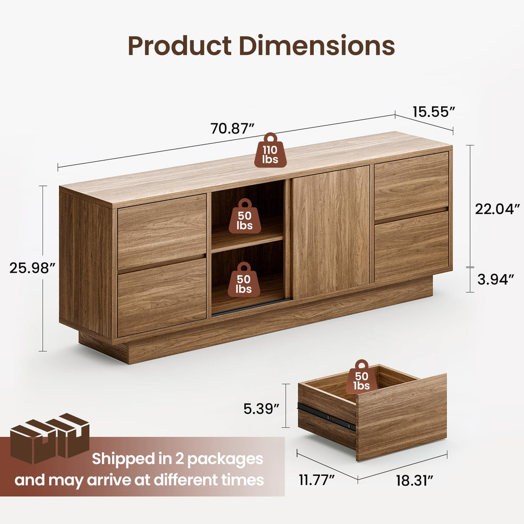 70'' TV Stand for TVs Up to 75'', Wood Entertainment Center with Sliding Doors and Drawers, Television Console