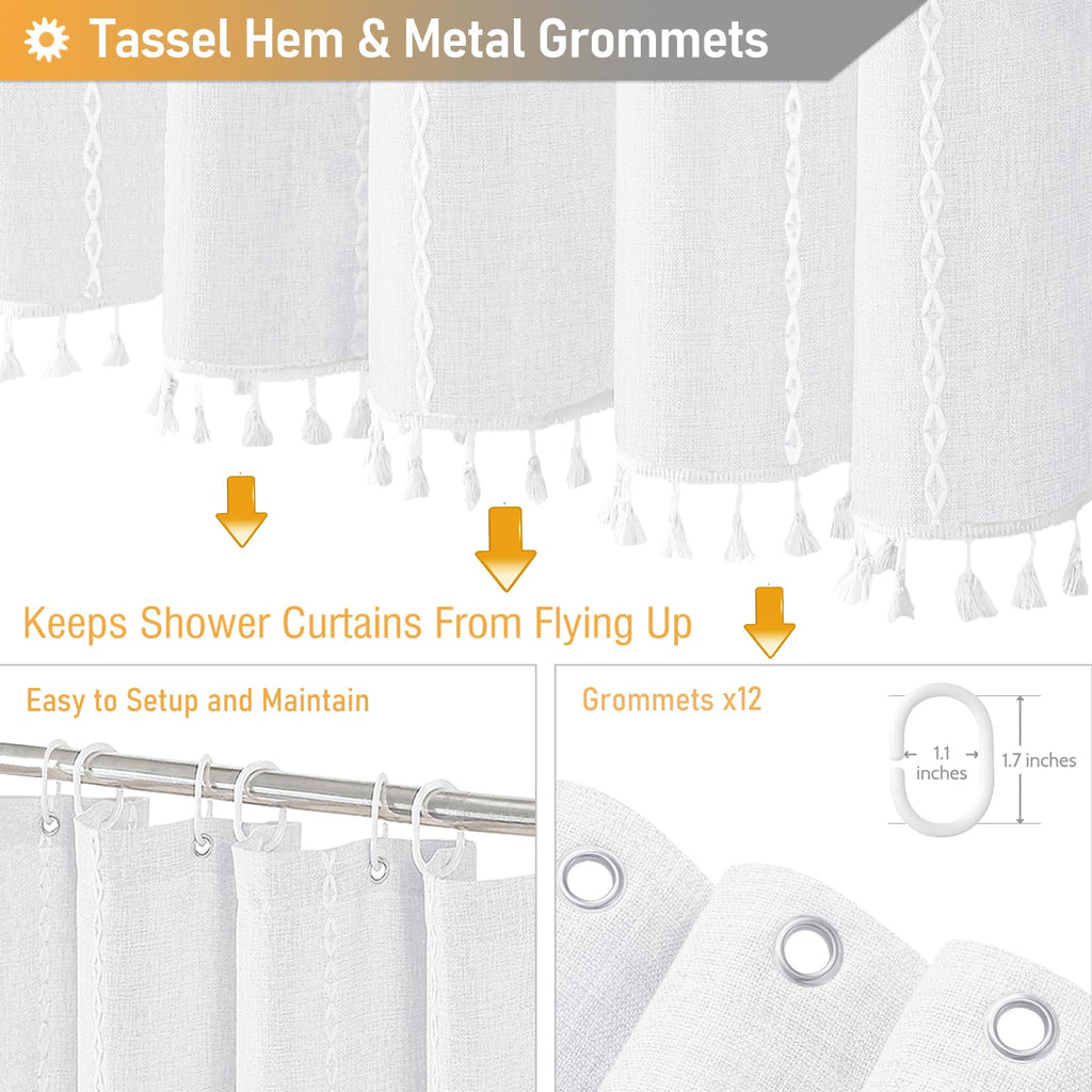 72x96 Extra Long Boho Linen Heavy Duty Cloth Shower Curtain Set, White